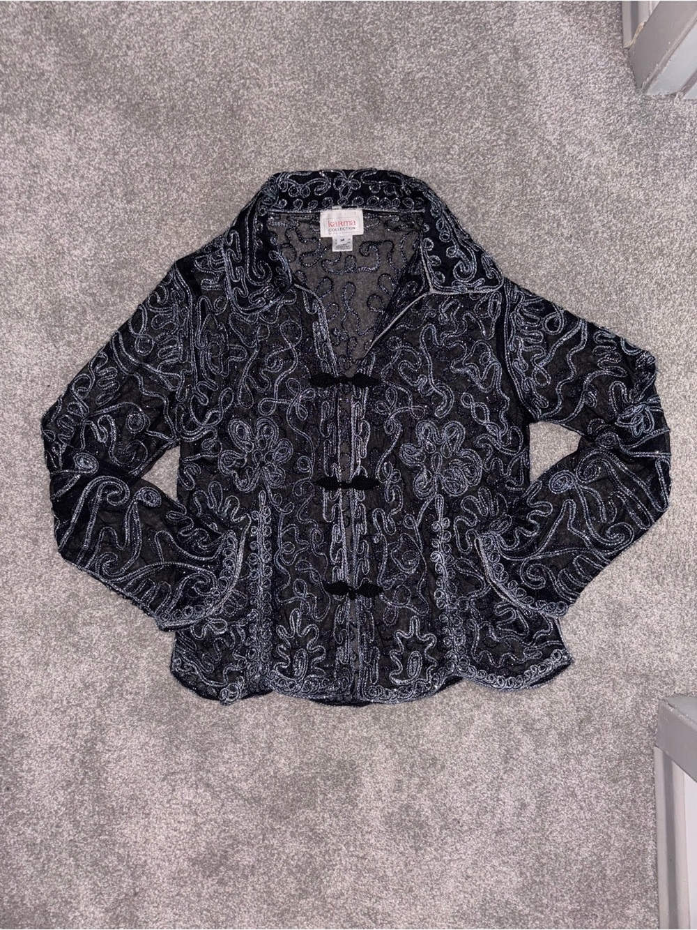 90s Karma Black Blouse with Silver Embroidered Swirls- Size M